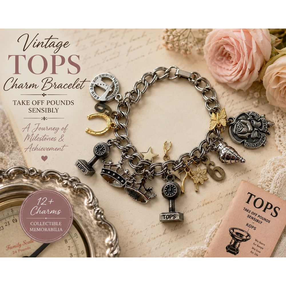 Vintage TOPS Charm Bracelet Silver Gold Tone Rose Butterfly Horseshoe Crown Star